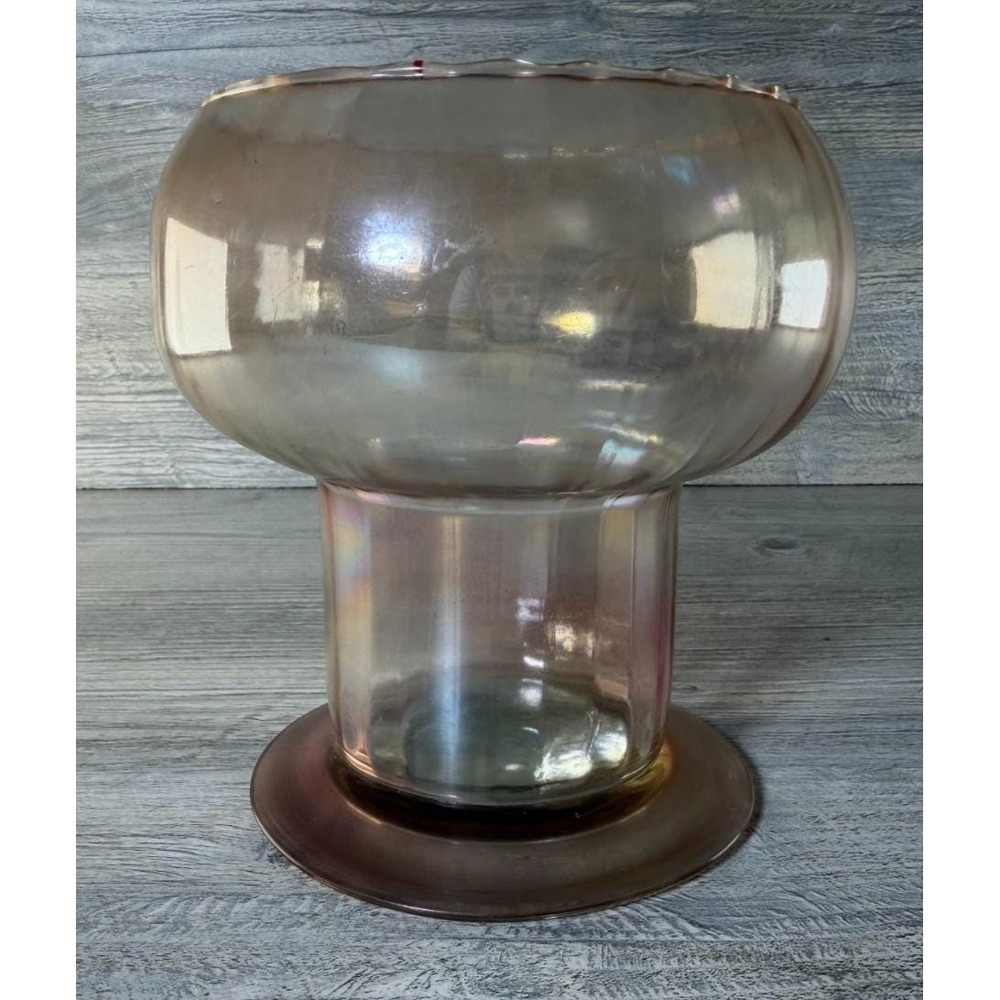 Iridescent Glass Pillar Candle Holder Flip Vase Pink Amber Luster Bulbous Top